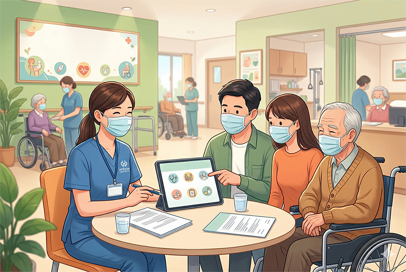禾鼎長照中心護理師正與家屬溝通長輩的出院銜接照護計畫